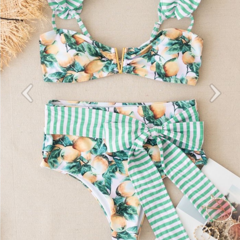 Lemon Print Bikini with Green Striped Bow-NWT Small